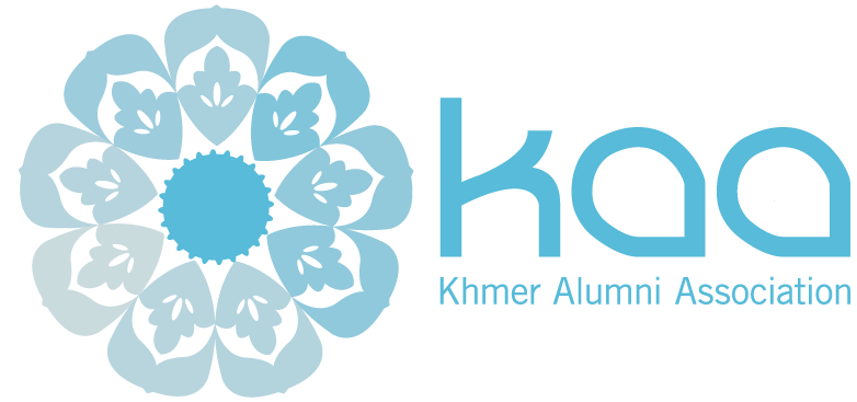 The Khmer Alumni Association logo: a pale blue flower of curved petals around a blue center, beside the letters kaa and the words Khmer Alumni Association in blue.