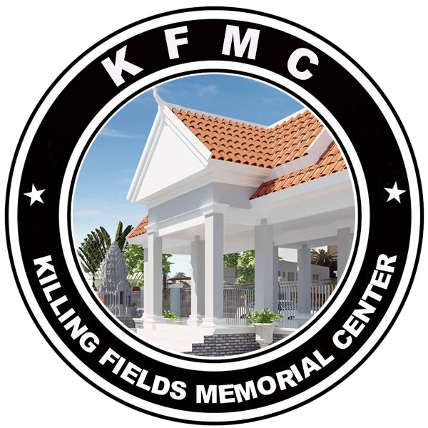 A round black badge reading KFMC and Killing Fields Memorial Center around a picture of a white pavilion with an orange tiled roof.