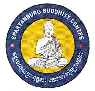 A round blue and yellow seal with a seated Buddha, the words Spartanburg Buddhist Centre and Khmer script.