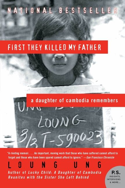 Book cover: black-and-white photo of a girl holding a slate with a number, title on red bands, author name Loung Ung below.