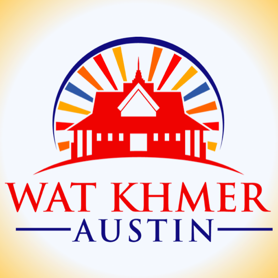 A red temple roof under a fan of colored rays, above the words Wat Khmer Austin.
