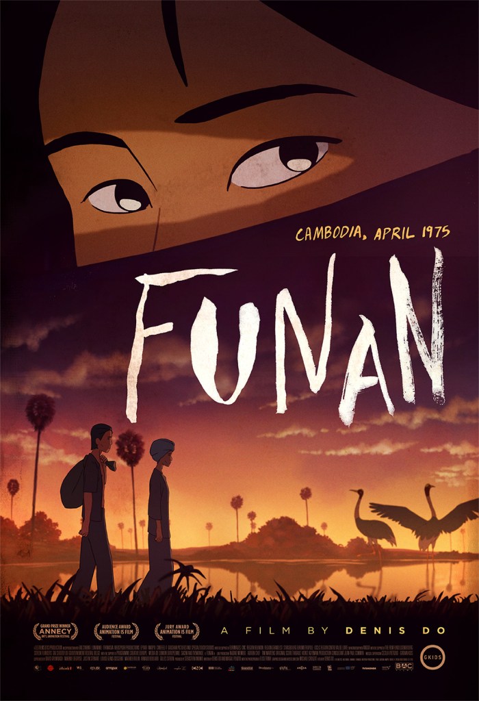 A woman's eyes above the title Funan, with silhouettes of a family and birds against an orange sunset.