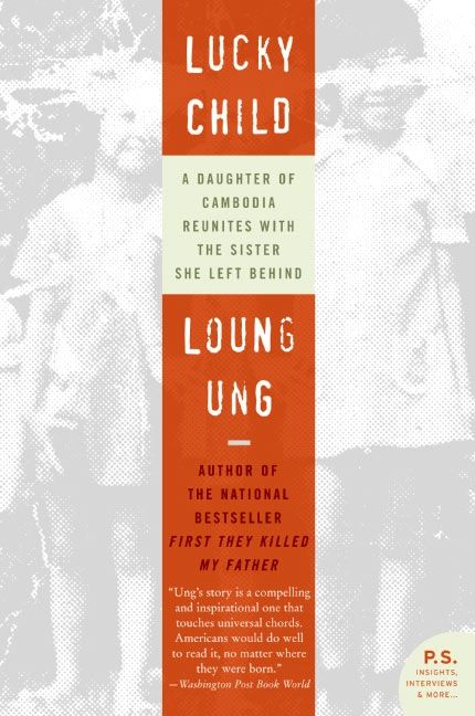 Book cover: faded photo of two young girls with an orange vertical band carrying the title and author name.