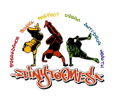 Three drawn breakdancers in yellow, red and green spinning on their hands above the name Tiny Toones in graffiti letters, under an arc of colored words: breakdance, school, respect, dream, anti-drug, health