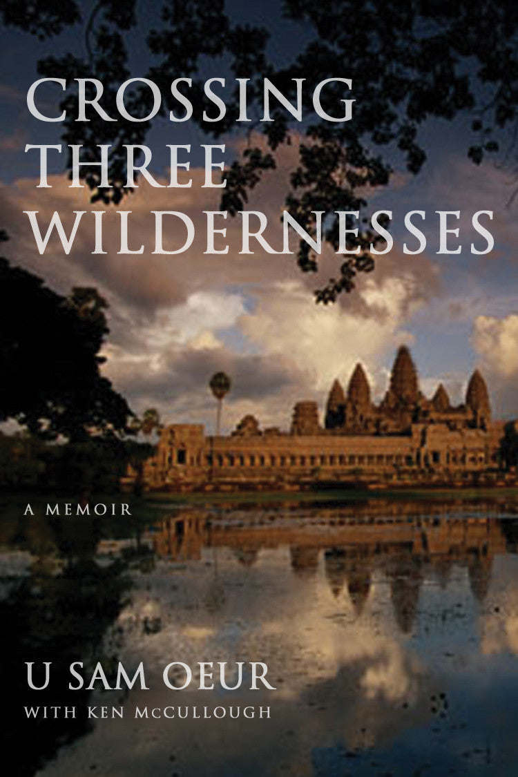 Book cover with Angkor Wat at dusk reflected in water under clouds, title at top left, author name at bottom.