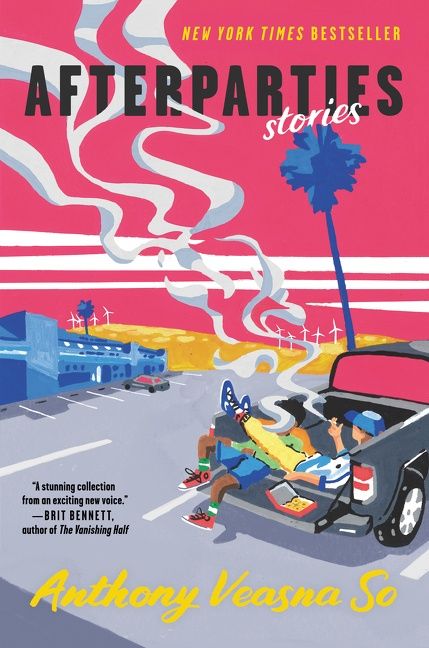Illustrated book cover on pink: two people lounging in an open car trunk in a parking lot under a palm tree, title at top.