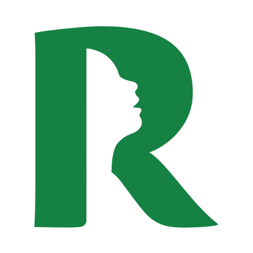 A green letter R whose right edge forms the profile of a face.