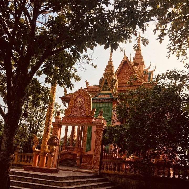 An ornate Khmer temple gate and spired hall seen through trees in warm light.