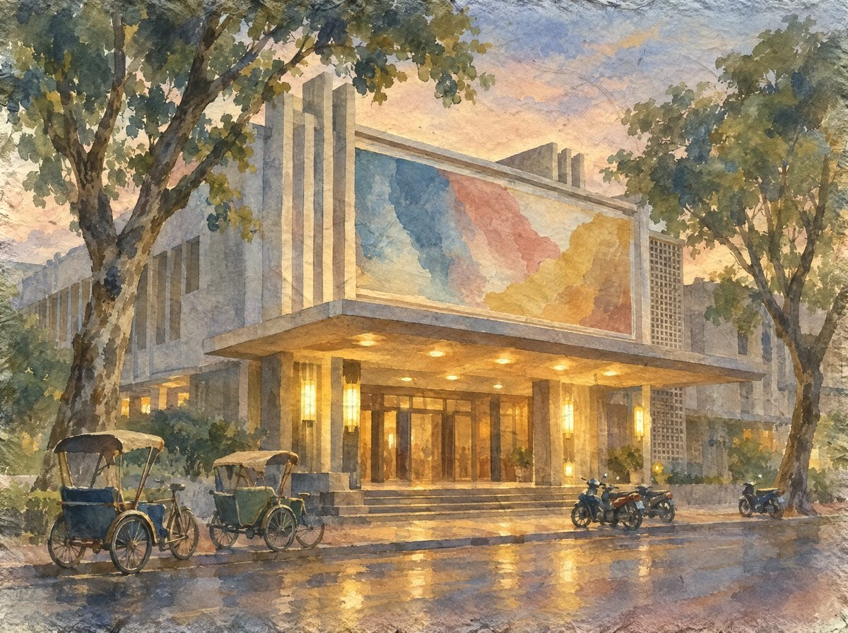 A concrete cinema front with bold geometric lines, a deep entrance canopy and a blank painted billboard panel, glowing lamps, parked cyclos and motorbikes in the street and plane trees, with no people