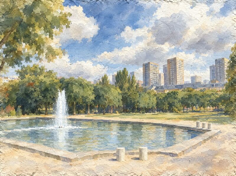 A formal pool with a fountain, clipped hedges and plane trees, with tower blocks beyond
