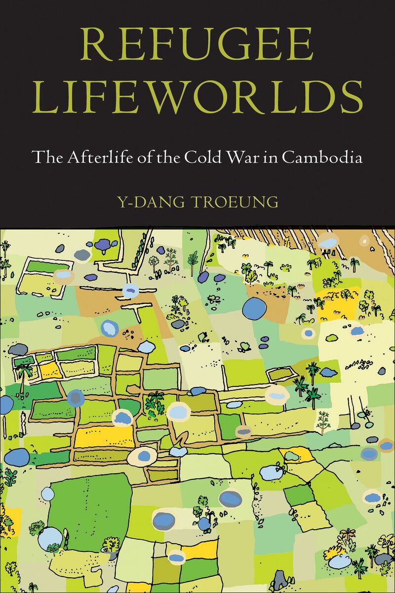 A book cover with the title in gold on black above a colorful aerial map of fields, ponds and paths.