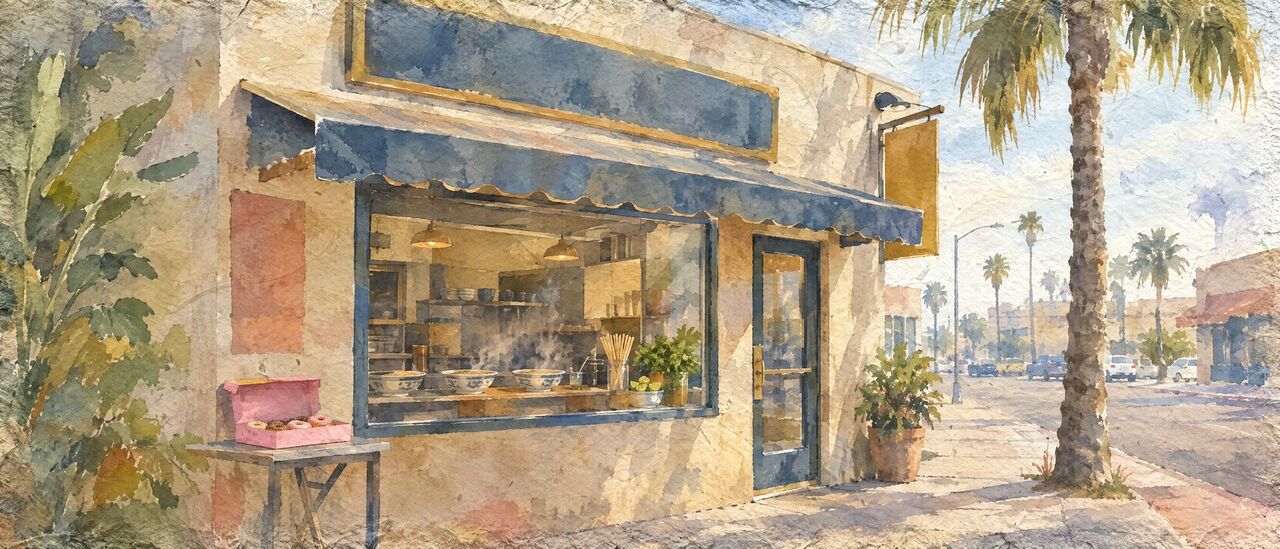 Watercolor of noodle soup, lok lak, baguette sandwiches and a case of donuts on a restaurant counter