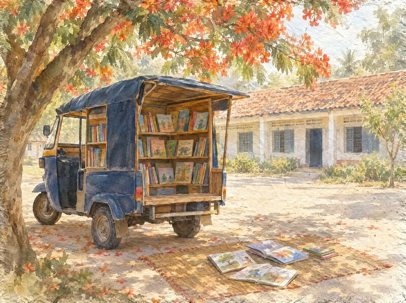 A blue three-wheeled tuk-tuk parked in a school courtyard under a flowering flame tree, its open back lined with shelves of colorful children's picture books, with a woven mat and a few open books on the ground beside it