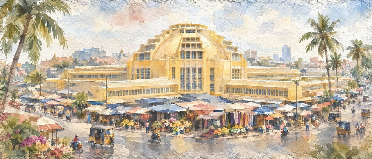 Watercolor of a sunny strip-mall plaza with a donut shop, a noodle restaurant, a grocery and a silk shop under palm trees