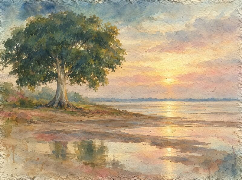 One large old tree on a low rise by the water at dusk, with wet sand and shallow pools where the tide has gone out