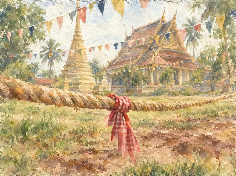 A thick rope stretched on the grass of a temple yard, festival flags overhead