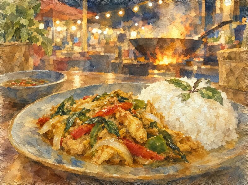 Lemongrass chicken stir-fried with peppers and onion beside rice, with a flaming wok at a night market behind