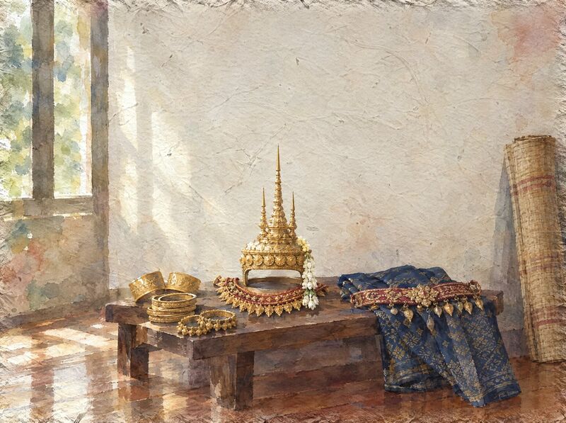 A gilded spired crown with jasmine, a crimson and gold collar, gold armbands, bracelets and folded silk on a low bench
