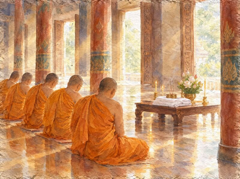 Monks in orange robes seated in a row with heads bowed, facing a low table with a folded white cloth, candles and lotus flowers