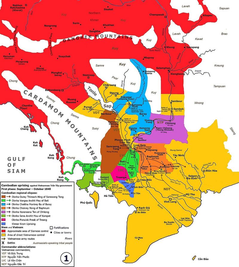 A colored map of Cambodia and southern Vietnam with regions shaded and routes marked.