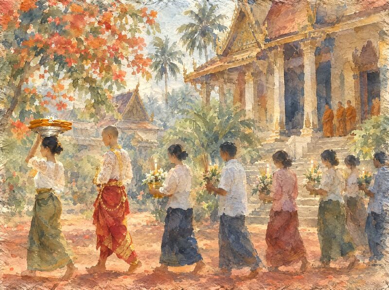 A line of villagers walks in front of a Cambodian temple hall: a woman with a silver tray of folded saffron robes on her head, a young man with a shaved head in a red and gold silk wrap and white lace top, then people carrying flowers, candles and incense, while monks in saffron robes wait on the temple steps