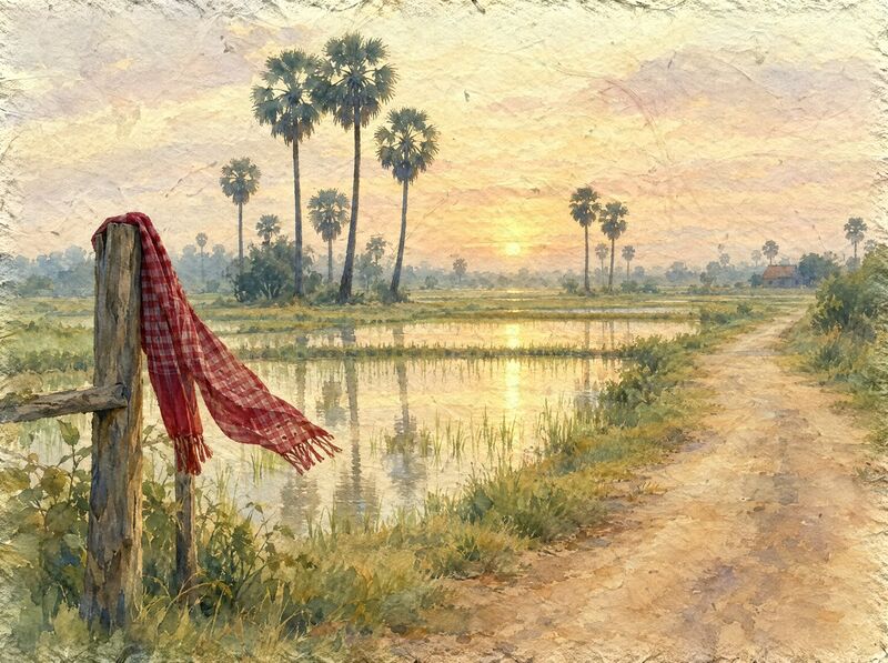 A dirt road beside a flooded rice field at sunset, with sugar palms and a red checked scarf hanging from a wooden fence post