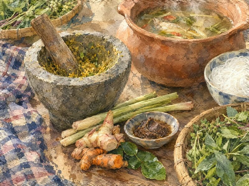 A stone mortar of yellow-green paste among lemongrass, galangal, turmeric, lime leaves, fish paste and a soup pot.