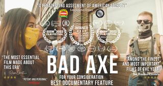 Landscape film poster: a young woman in a yellow mask faces armed men on a small-town street, with festival laurels and review quotes.
