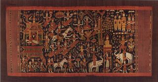 A dark woven silk hanging with a scene of a prince on horseback among attendants and buildings.