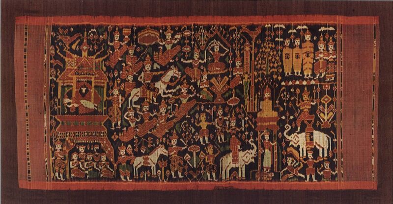 A dark woven silk hanging with a scene of a prince on horseback among attendants and buildings.