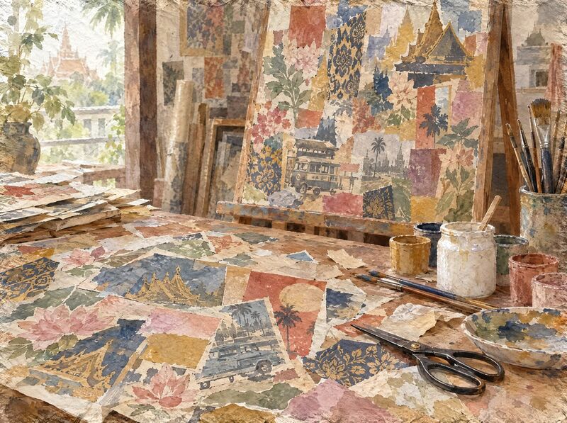 A studio worktable in Cambodia covered with overlapping pasted cut-outs of patterned papers, flowers and temple-roof shapes, with paint pots, brushes and scissors, and a half-finished collage panel on an easel behind