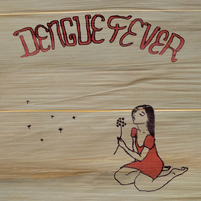 Album cover on a wood-grain background: the band name in red hand lettering and a drawing of a kneeling girl in a red dress holding a flower.
