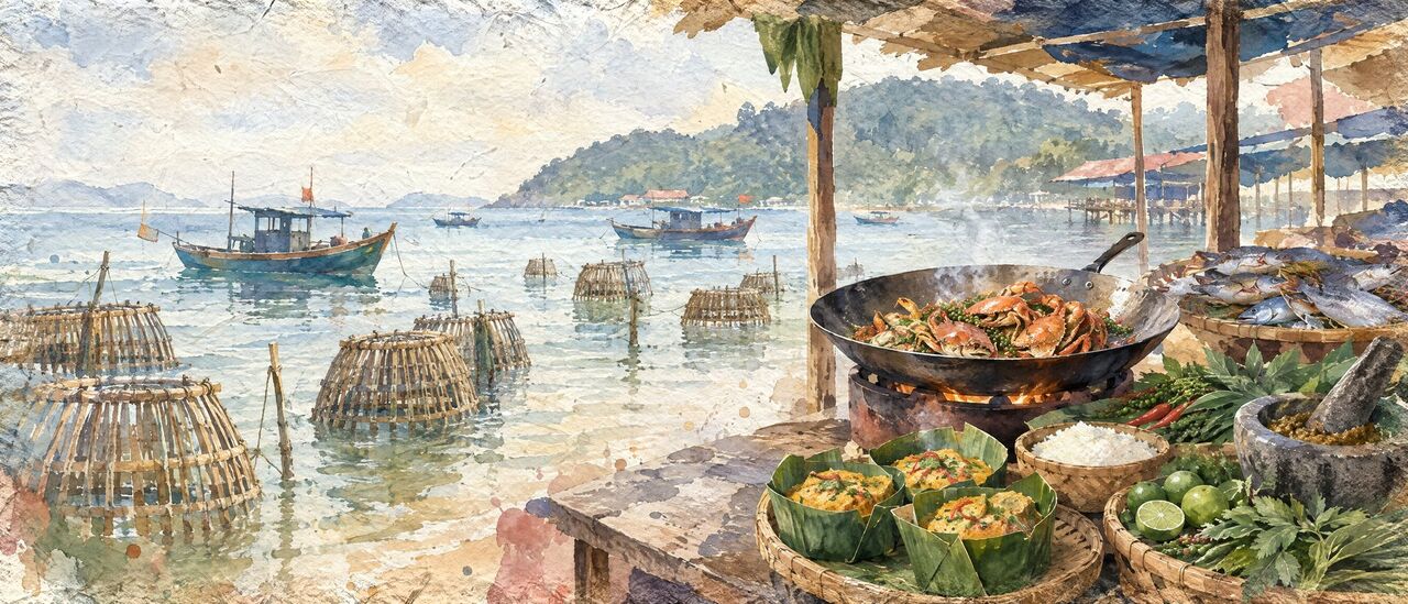 Watercolor of a Khmer table with fish amok, noodle soup, herbs and a mortar of kroeung