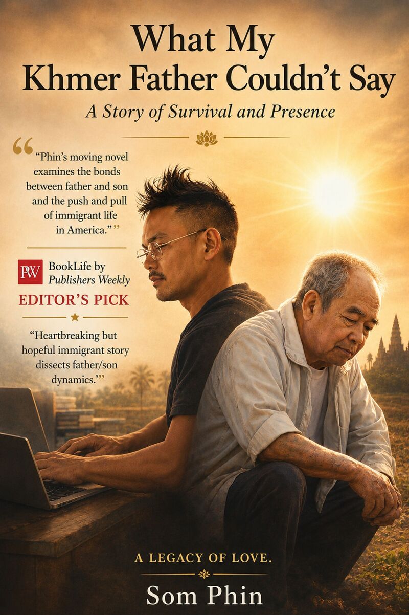 A book cover showing an older man and a younger man sitting side by side at sunset, with the title above.