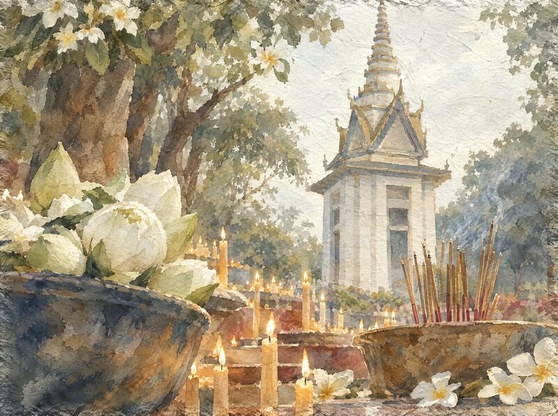 Candles, lotus flowers and incense at the foot of a white memorial stupa