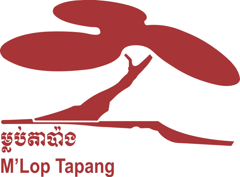 A red stylized tree branch on a green background with the name in Khmer and the words M'Lop Tapang.