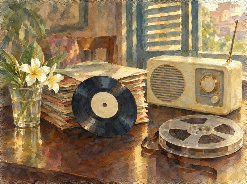 A stack of records in plain sleeves, a black record with a blank label, a cream tube radio and a tape reel on a wooden table