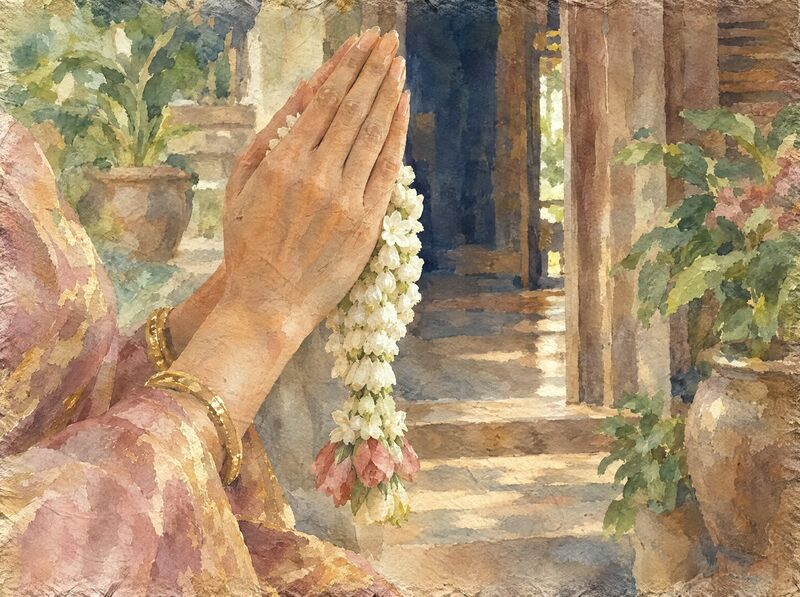 Two hands pressed together in a sampeah, holding a jasmine garland
