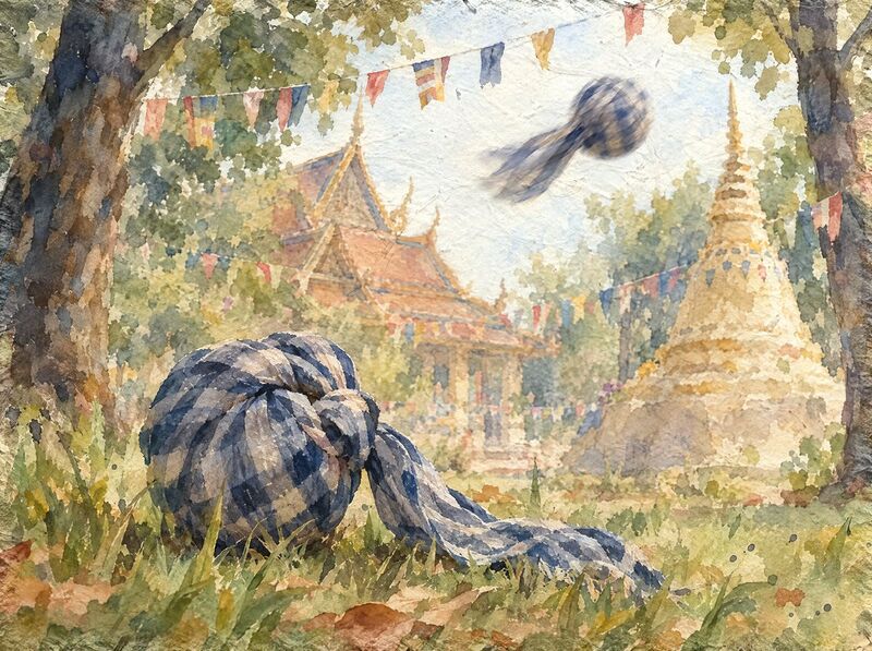 A knotted krama ball resting on grass between two temple trees at New Year