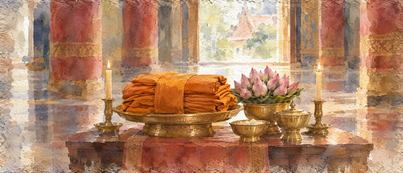 Folded saffron robes on a brass tray beside pink lotus buds, brass bowls and two lit candles in a temple hall
