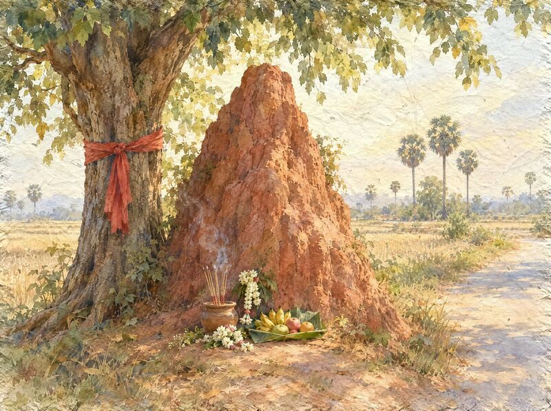 A red-brown termite mound by an old tree tied with red cloth, with incense, flowers and fruit at its foot, by rice fields