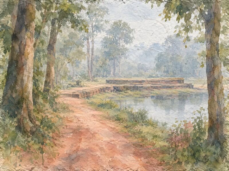 A red-earth road runs through tall trees to a low stone terrace beside a still pool in morning mist.