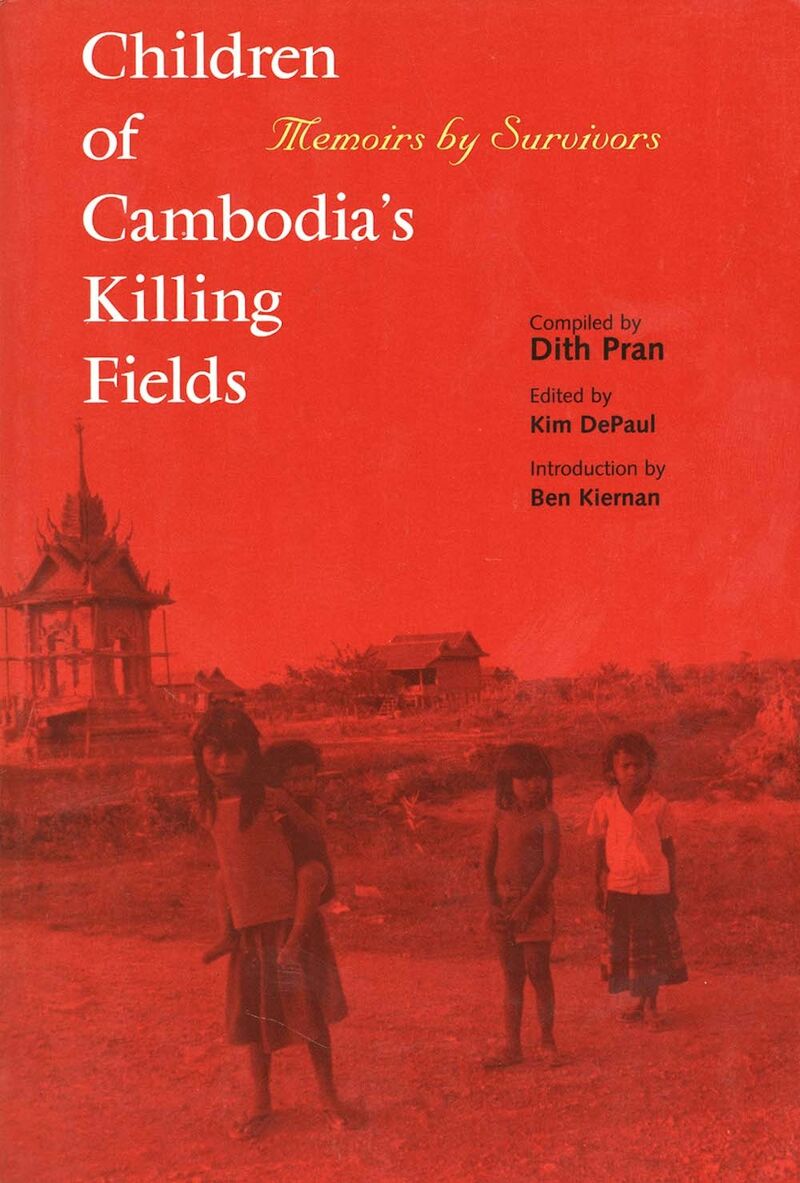 Red-tinted book cover with an old photo of children standing near a temple, title and editors' names at top.