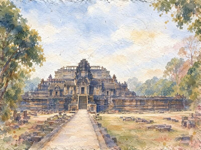 Watercolor of a stepped sandstone temple pyramid with a tall central tower, reached by a long raised stone walkway, with fallen blocks on the grass and trees at the sides.