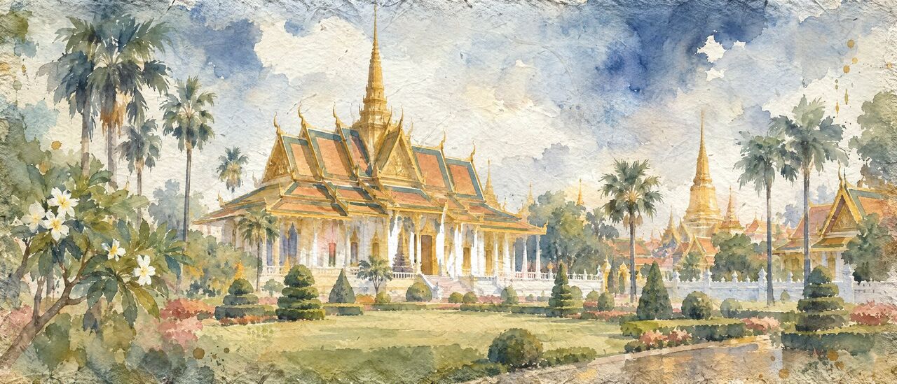 Watercolor combining a Cambodian-style wat, palms, a lotus pond, carved stone and a krama textile