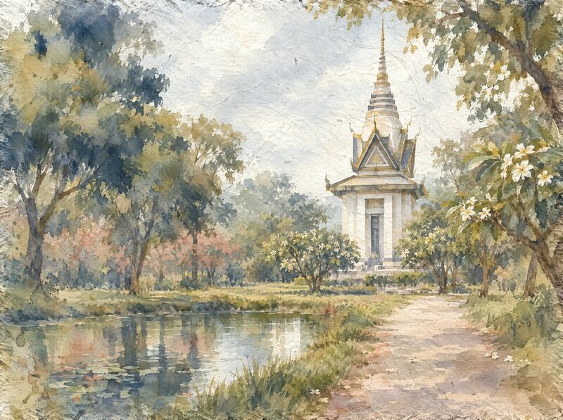 The tall white memorial stupa of Choeung Ek among quiet trees