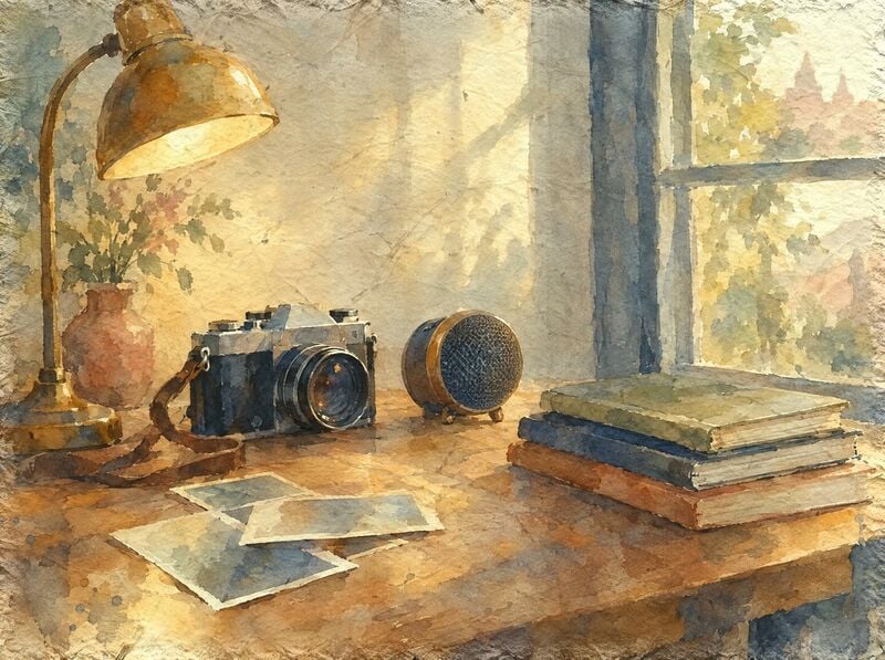 A wooden table by a window with a film camera, a small round loudspeaker, a brass lamp, loose prints and a stack of sketchbooks