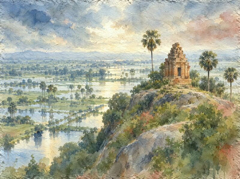 A small brick and laterite temple tower on a granite hill above flooded plains