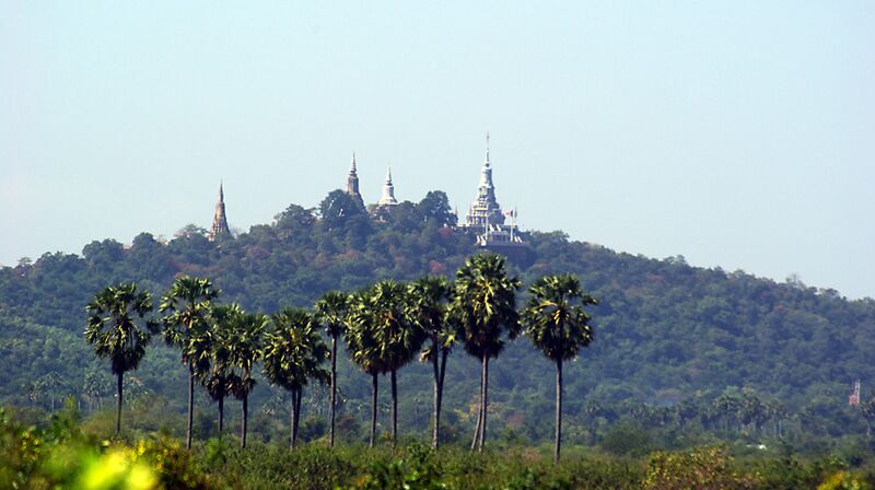 A forested green hill topped by several pale stone stupa spires stands under a hazy blue sky, with a row of tall sugar palms in the middle ground and low vegetation in front.