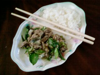 A shell-shaped plate with lime-cured beef and green herbs beside white rice, chopsticks across it.